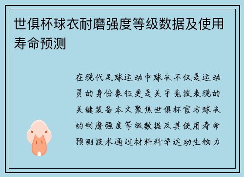 世俱杯球衣耐磨强度等级数据及使用寿命预测